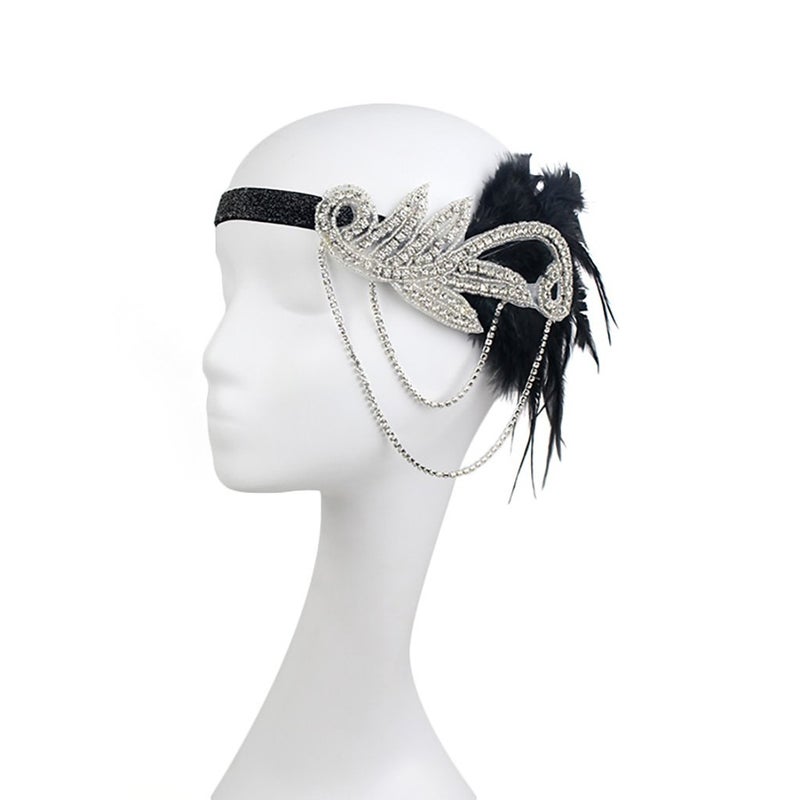 JISEN 1920s Flapper Vintage Feather Gatsby Crystal Headpiece Black - Image 3